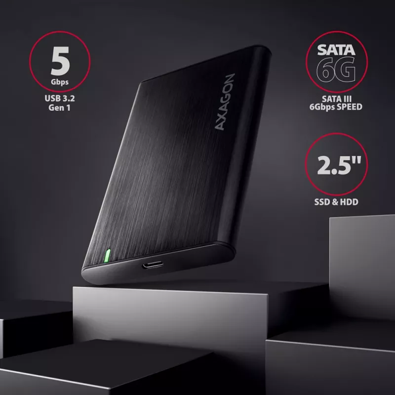 2,5-Zoll HDD/SSD-Gehäuse AXAGON EE25-A6C — SATA, USB 3.2 Gen 1 (Typ-C & Typ-A), Aluminium, schwarz