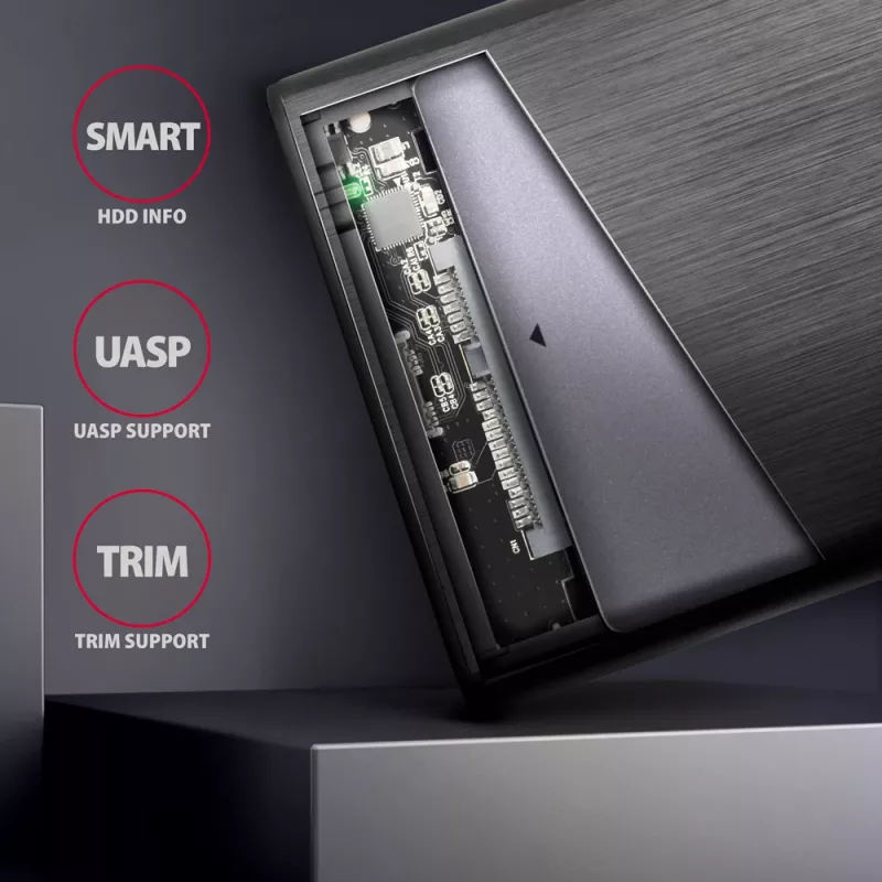 2,5-Zoll HDD/SSD-Gehäuse AXAGON EE25-A6C — SATA, USB 3.2 Gen 1 (Typ-C & Typ-A), Aluminium, schwarz
