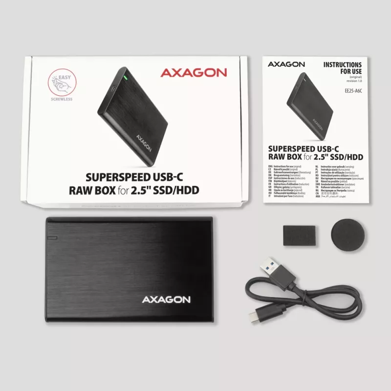 2,5-Zoll HDD/SSD-Gehäuse AXAGON EE25-A6C — SATA, USB 3.2 Gen 1 (Typ-C & Typ-A), Aluminium, schwarz
