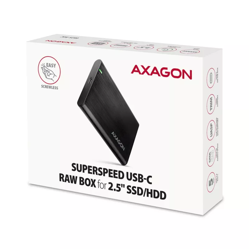 2,5-Zoll HDD/SSD-Gehäuse AXAGON EE25-A6C — SATA, USB 3.2 Gen 1 (Typ-C & Typ-A), Aluminium, schwarz