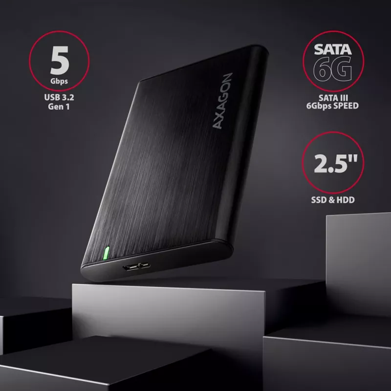 HDD/SSD-Gehäuse AXAGON EE25-A6M — 2,5 Zoll SATA, USB 3.2 Gen 1 (5 Gbit/s), Micro-USB B auf USB Typ-A, Aluminium, schwarz