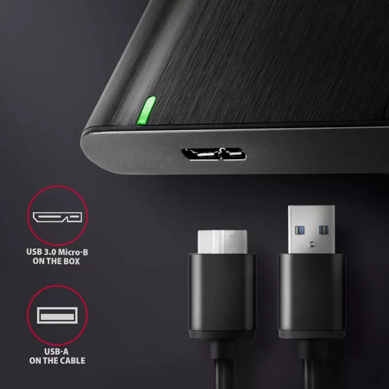 HDD/SSD-Gehäuse AXAGON EE25-A6M — 2,5 Zoll SATA, USB 3.2 Gen 1 (5 Gbit/s), Micro-USB B auf USB Typ-A, Aluminium, schwarz