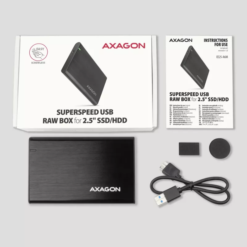HDD/SSD-Gehäuse AXAGON EE25-A6M — 2,5 Zoll SATA, USB 3.2 Gen 1 (5 Gbit/s), Micro-USB B auf USB Typ-A, Aluminium, schwarz