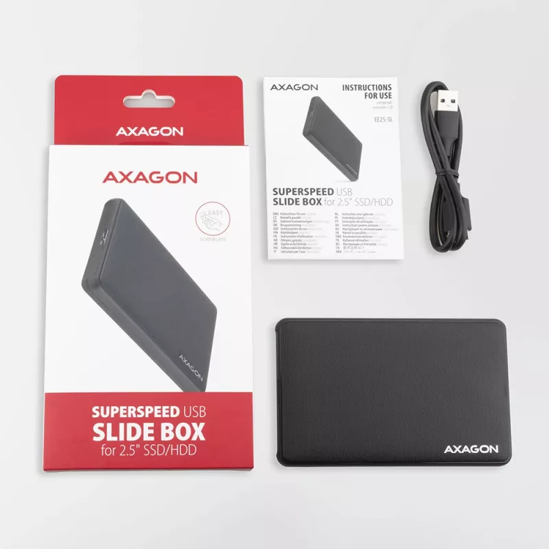 Axagon EE25-SL Schraubenlose USB 3.2 Gen 1 - SATA 6G externe Box für 2,5 Zoll SSD/HDD