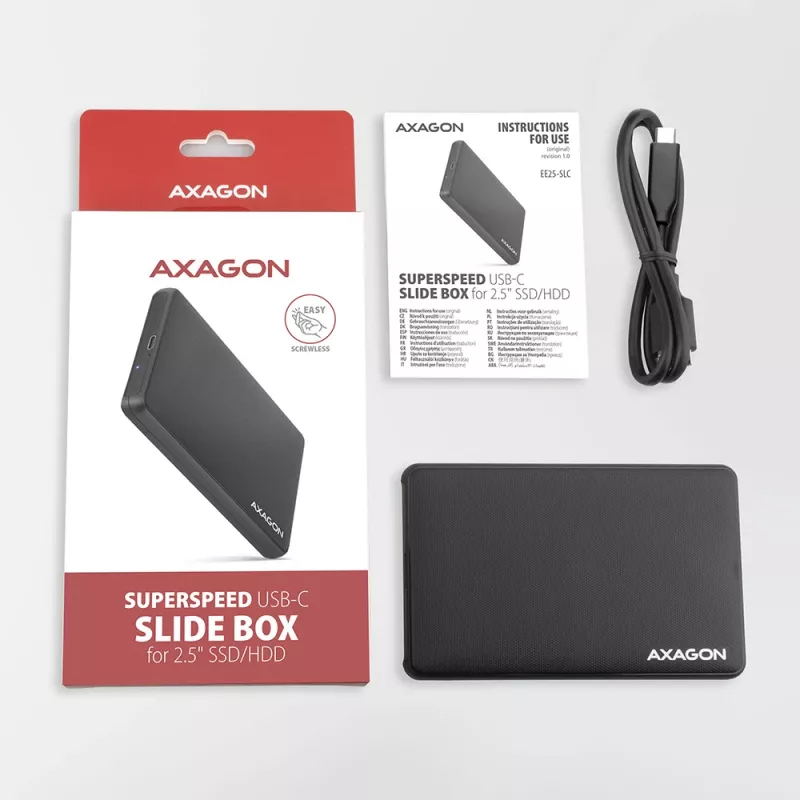 Axagon EE25-SLC Schraubenloses USB-C 3.2 Gen 1 - SATA 6G externes Gehäuse für 2,5 Zoll SSD/HDD