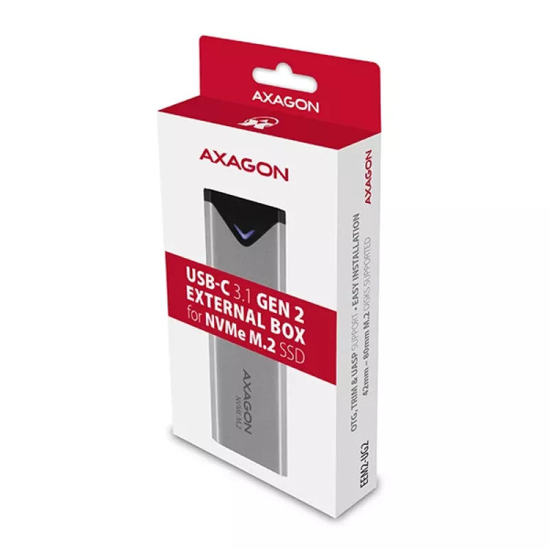 Axagon EEM2-UG2 Externes USB-C 10Gbps Metallgehäuse für M.2 NVMe SSD-Festplatten. Silber