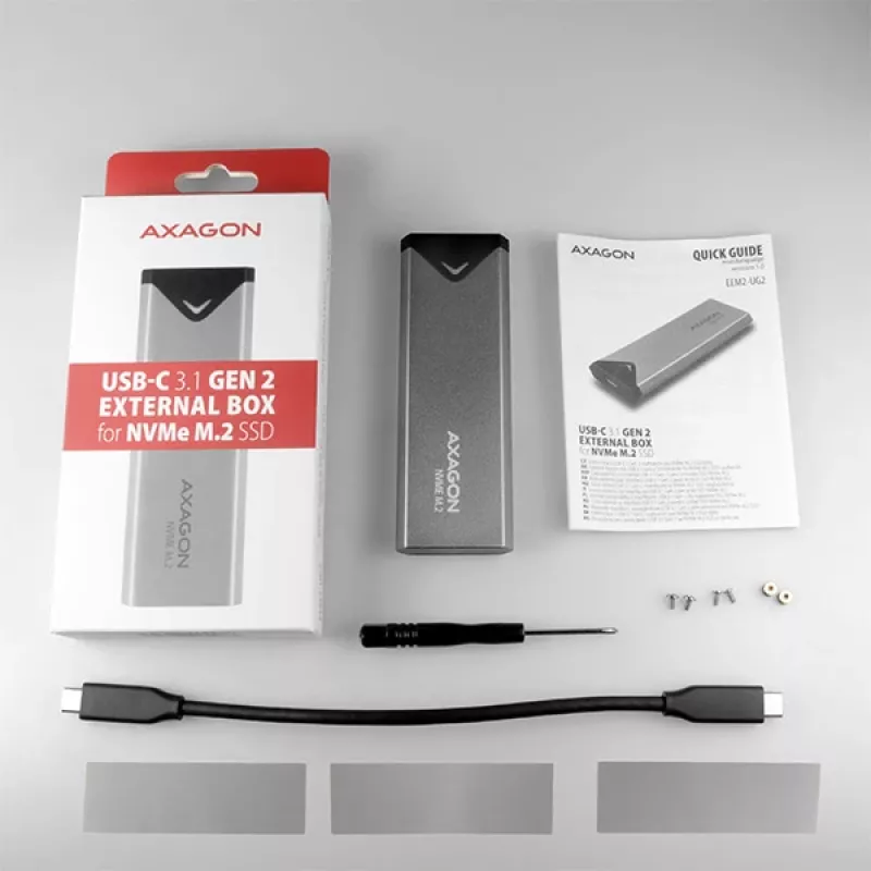 Axagon EEM2-UG2 Externes USB-C 10Gbps Metallgehäuse für M.2 NVMe SSD-Festplatten. Silber
