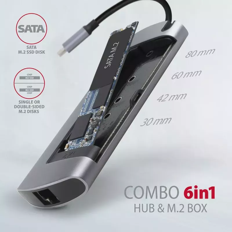 Axagon HMC-6M2 USB 3.2 Gen 1 Hub, 2x USB-A, HDMI, RJ-45, SATA M.2, PD 100W, USB-C Kabel