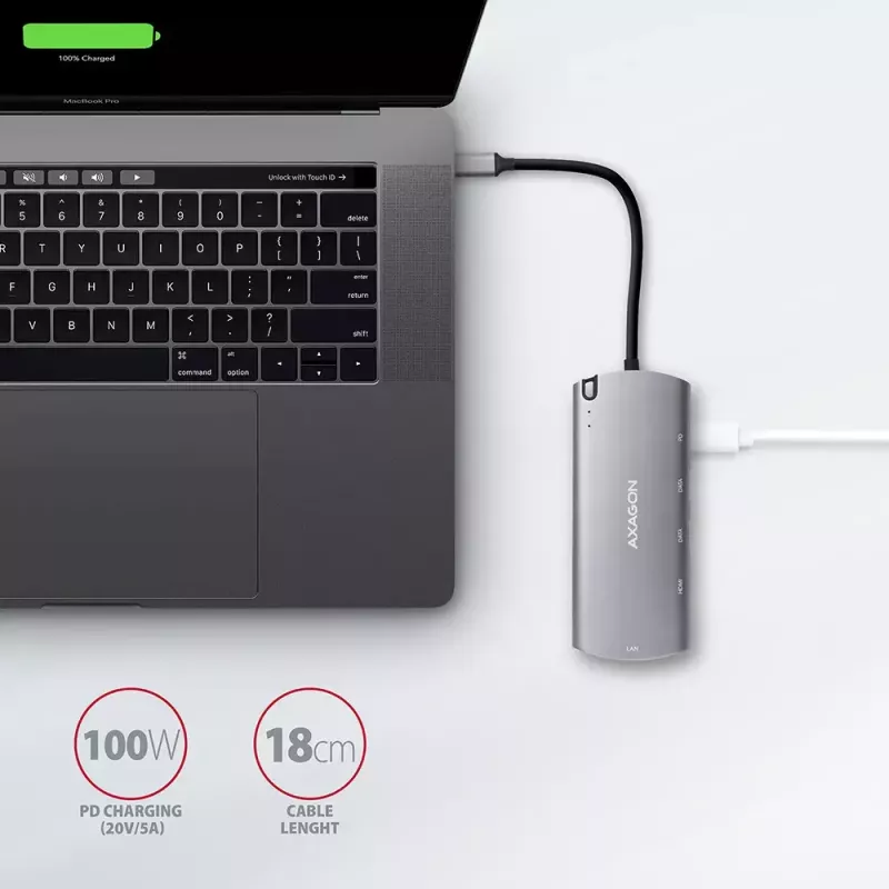 Axagon HMC-6M2 USB 3.2 Gen 1 Hub, 2x USB-A, HDMI, RJ-45, SATA M.2, PD 100W, USB-C Kabel