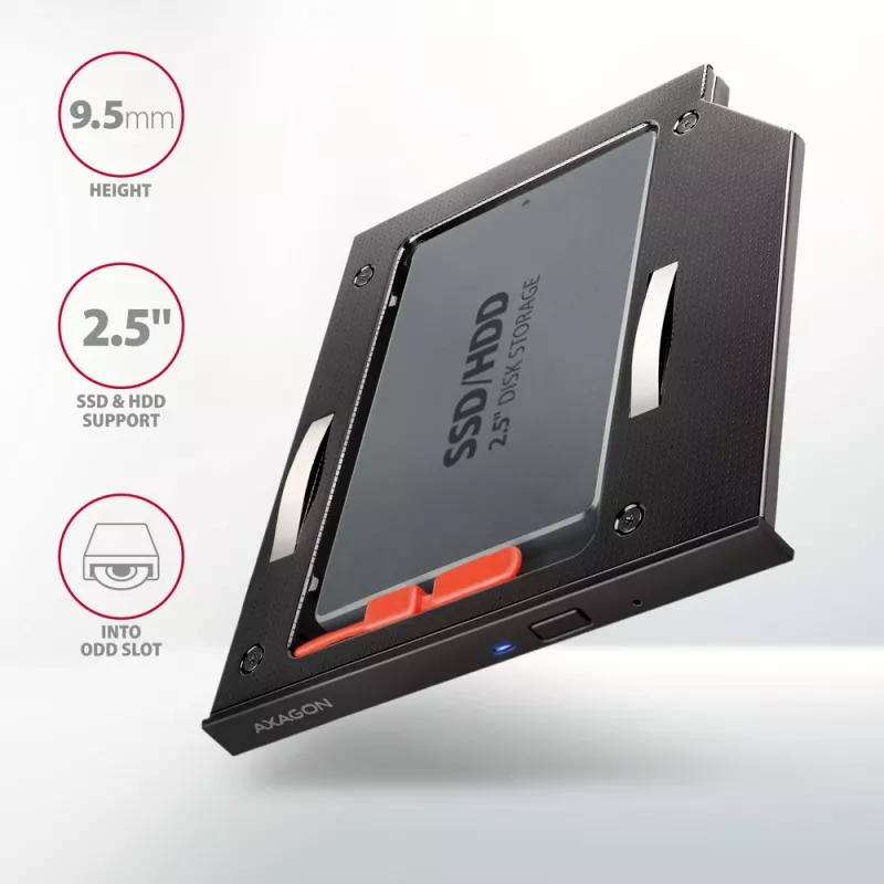 Axagon RSS-CD09 2,5 inch SSD/HDD-Einbaurahmen für DVD-Slot 9,5 mm LED ALU Schnittstellenkarten/Adapter Intern SATA