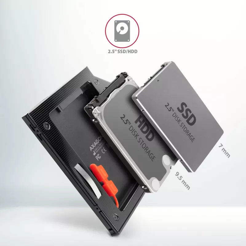 Axagon RSS-CD09 2,5 inch SSD/HDD-Einbaurahmen für DVD-Slot 9,5 mm LED ALU Schnittstellenkarten/Adapter Intern SATA