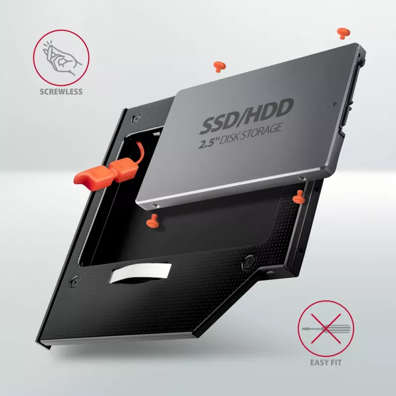 Axagon RSS-CD09 2,5 inch SSD/HDD-Einbaurahmen für DVD-Slot 9,5 mm LED ALU Schnittstellenkarten/Adapter Intern SATA