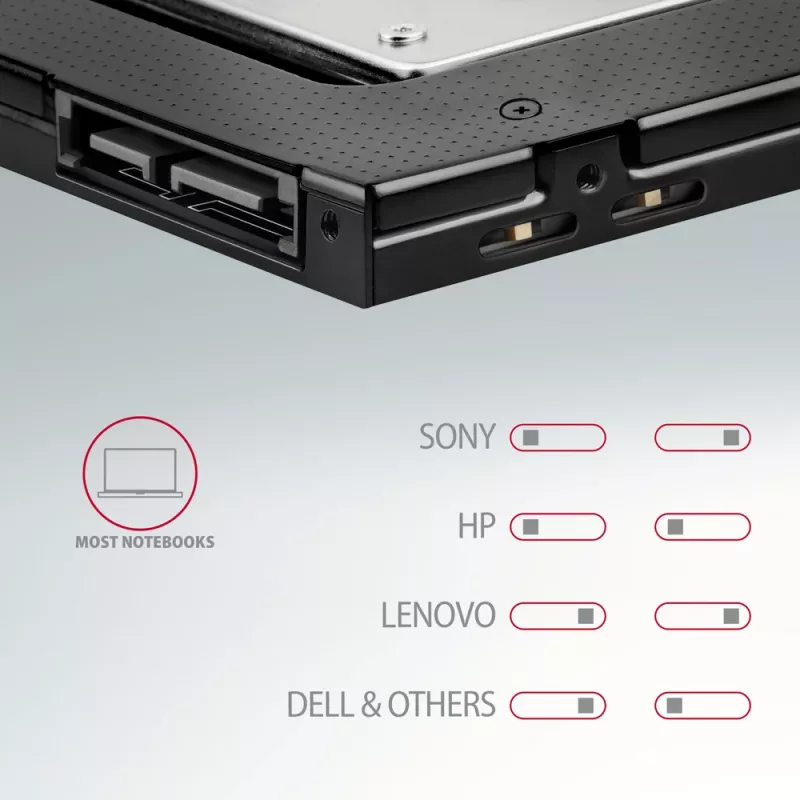 Axagon RSS-CD09 2,5 inch SSD/HDD-Einbaurahmen für DVD-Slot 9,5 mm LED ALU Schnittstellenkarten/Adapter Intern SATA
