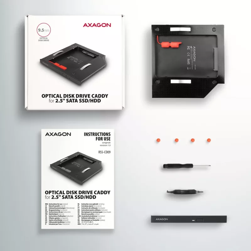 Axagon RSS-CD09 2,5 inch SSD/HDD-Einbaurahmen für DVD-Slot 9,5 mm LED ALU Schnittstellenkarten/Adapter Intern SATA