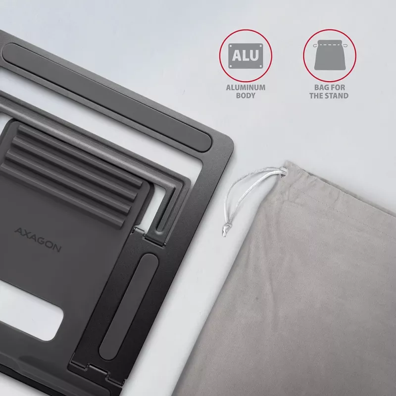 Axagon STND-L Aluminium-Ständer für Laptops, Größe 10 Zoll – 17,3 Zoll. Acht einstellbare Höhen- und Winkelpositionen. Graue Version.