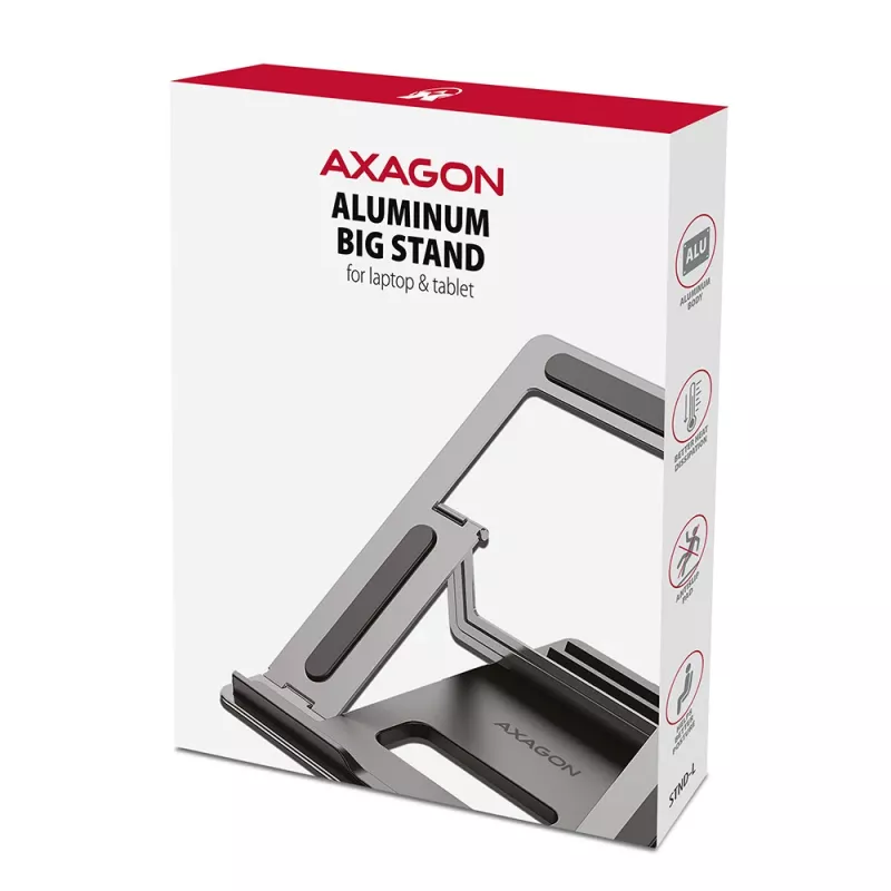 Axagon STND-L Aluminium-Ständer für Laptops, Größe 10 Zoll – 17,3 Zoll. Acht einstellbare Höhen- und Winkelpositionen. Graue Version.