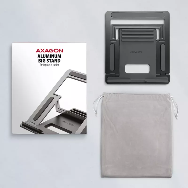 Axagon STND-L Aluminium-Ständer für Laptops, Größe 10 Zoll – 17,3 Zoll. Acht einstellbare Höhen- und Winkelpositionen. Graue Version.