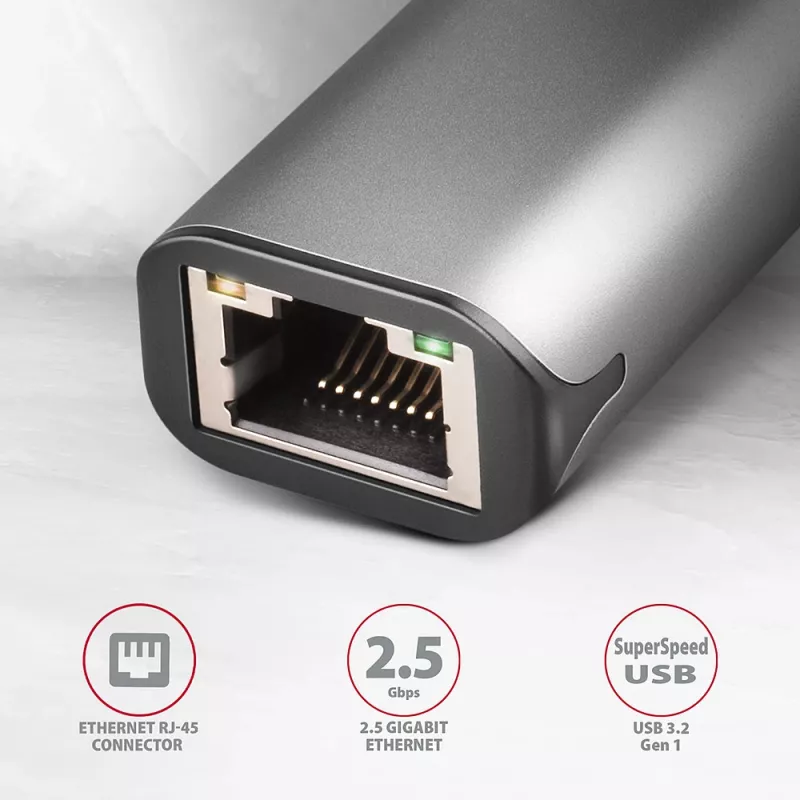 2.5 Gigabit Ethernet-Adapter AXAGON ADE-25R — USB Typ-C, 10/100/1000/2500 Mbit, 5000 Mbit/s, Aluminium, grau