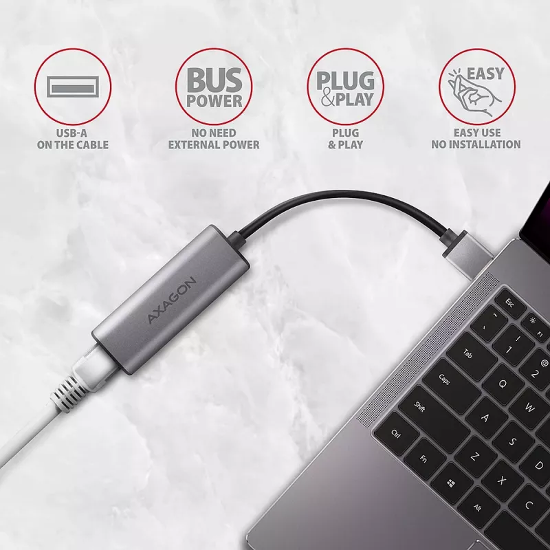 2.5 Gigabit Ethernet-Adapter AXAGON ADE-25R — USB Typ-C, 10/100/1000/2500 Mbit, 5000 Mbit/s, Aluminium, grau