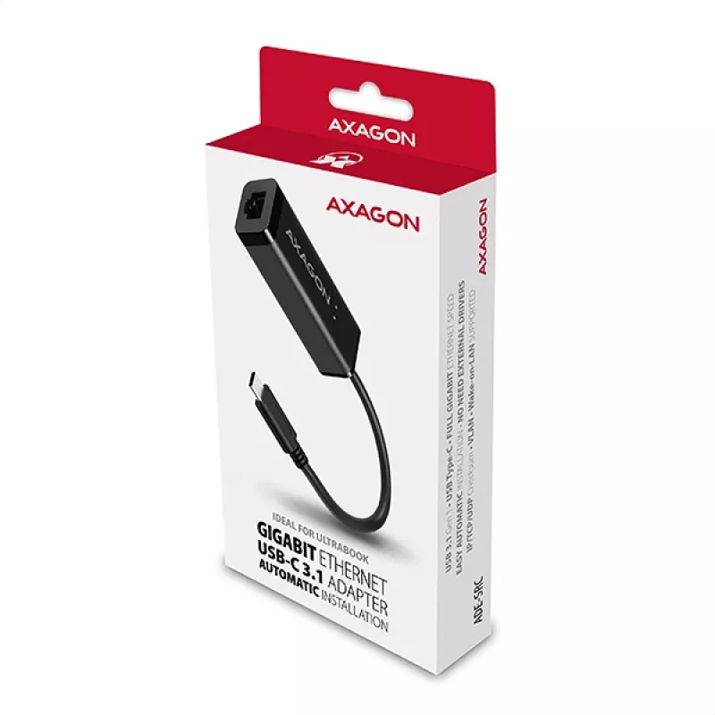 Axagon ADE-SRC USB-C Gigabit-Ethernet-Adapter, kabelgebunden, USB Typ-C, Ethernet, 1000 Mbit/s, Schwarz