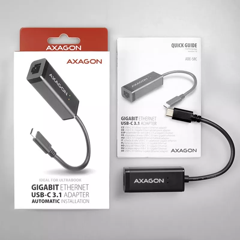 Axagon ADE-SRC USB-C Gigabit-Ethernet-Adapter, kabelgebunden, USB Typ-C, Ethernet, 1000 Mbit/s, Schwarz