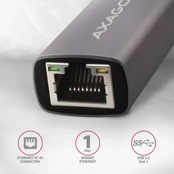 AXAGON USB 3.2 Gen 1 Type-A auf Gigabit Ethernet Adapter ADE-TR — 10/100/1000 Mbps, Metall Titan Grau, 5000 Mbit/s