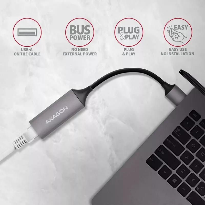 AXAGON USB 3.2 Gen 1 Type-A auf Gigabit Ethernet Adapter ADE-TR — 10/100/1000 Mbps, Metall Titan Grau, 5000 Mbit/s
