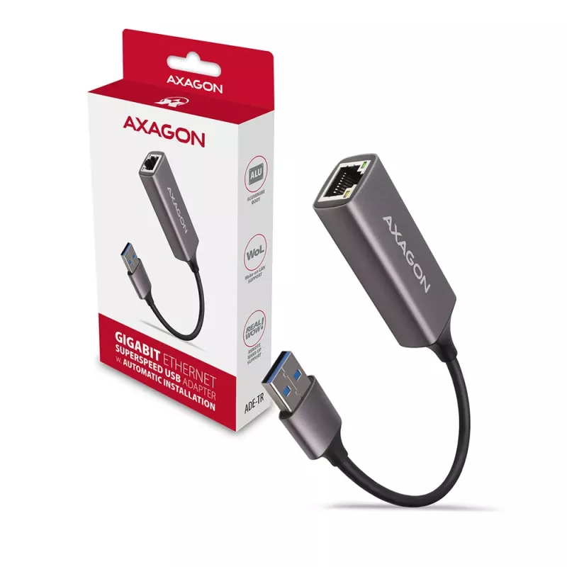 AXAGON USB 3.2 Gen 1 Type-A auf Gigabit Ethernet Adapter ADE-TR — 10/100/1000 Mbps, Metall Titan Grau, 5000 Mbit/s
