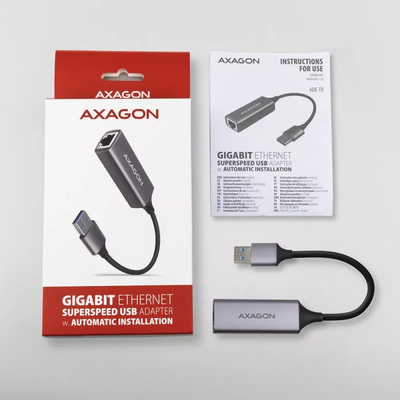 AXAGON USB 3.2 Gen 1 Type-A auf Gigabit Ethernet Adapter ADE-TR — 10/100/1000 Mbps, Metall Titan Grau, 5000 Mbit/s