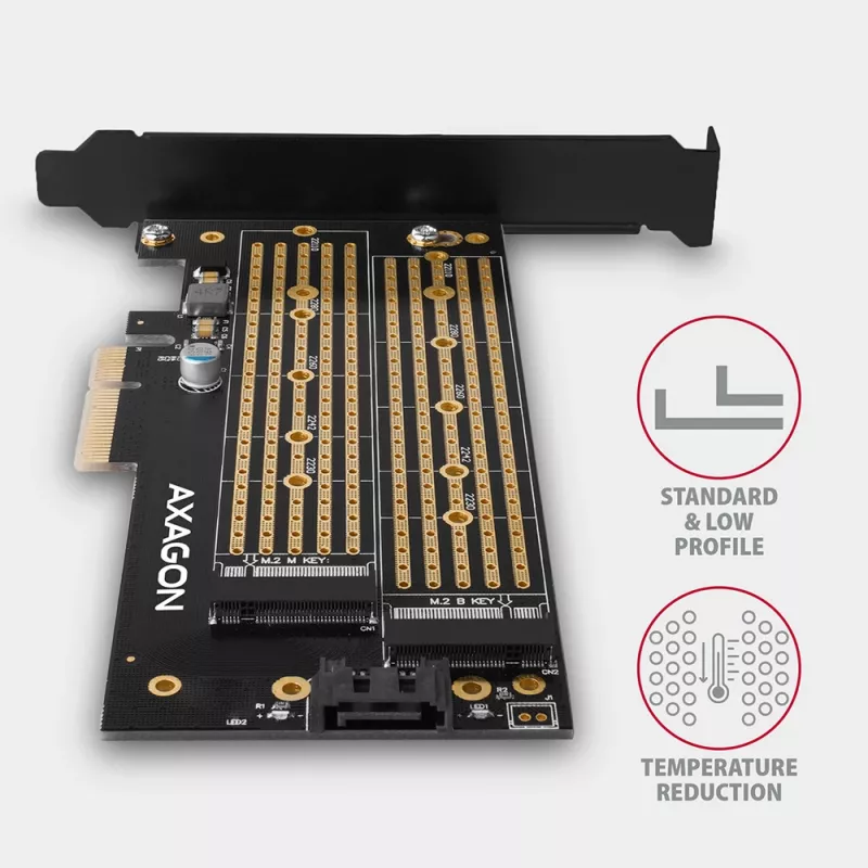 Axagon PCEM2-D PCIe x4 - M.2 NVMe M-Key + SATA B-Key Slot Adapter mit SP & LP