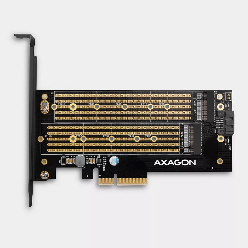 Axagon PCEM2-D PCIe x4 - M.2 NVMe M-Key + SATA B-Key Slot Adapter mit SP & LP