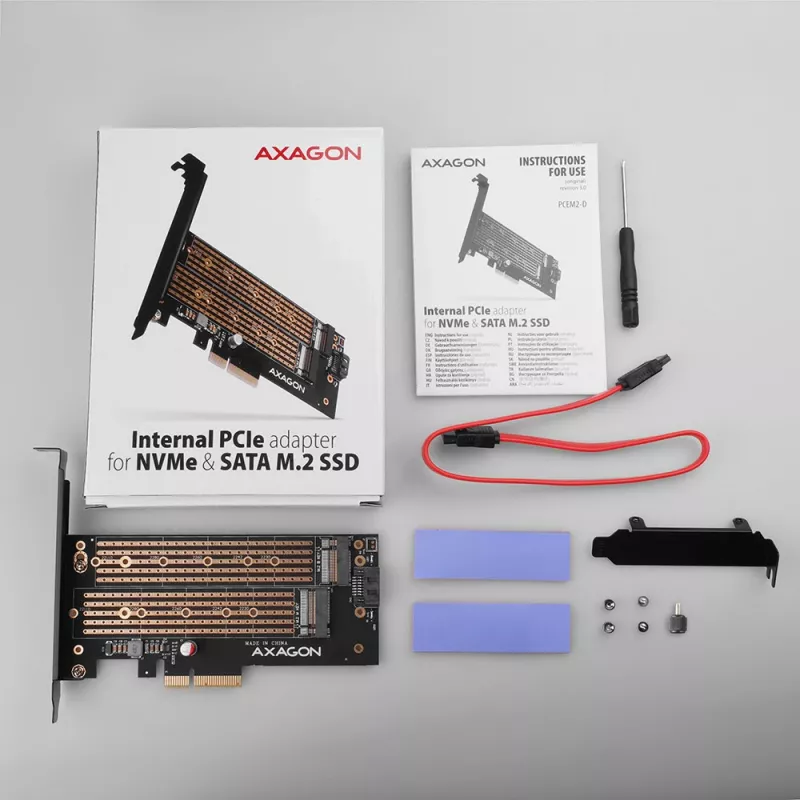 Axagon PCEM2-D PCIe x4 - M.2 NVMe M-Key + SATA B-Key Slot Adapter mit SP & LP