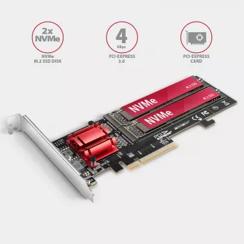 Axagon PCEM2-ND PCIe x8 - Dualer M.2 NVMe M-Key-Slot-Adapter, RAID, Dataswitch, mit SP & LP