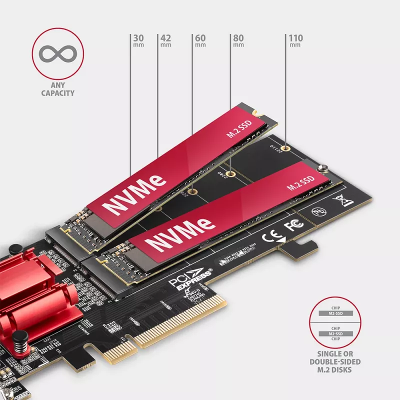 Axagon PCEM2-ND PCIe x8 - Dualer M.2 NVMe M-Key-Slot-Adapter, RAID, Dataswitch, mit SP & LP
