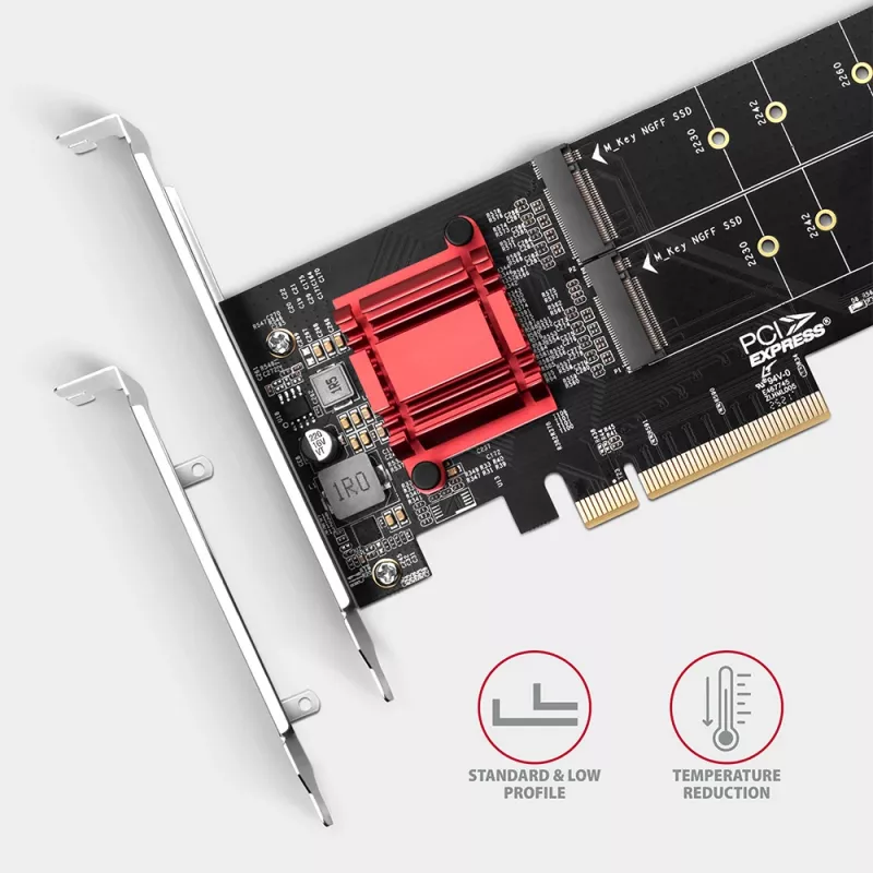 Axagon PCEM2-ND PCIe x8 - Dualer M.2 NVMe M-Key-Slot-Adapter, RAID, Dataswitch, mit SP & LP