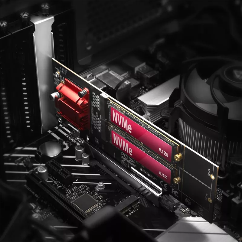 Axagon PCEM2-ND PCIe x8 - Dualer M.2 NVMe M-Key-Slot-Adapter, RAID, Dataswitch, mit SP & LP