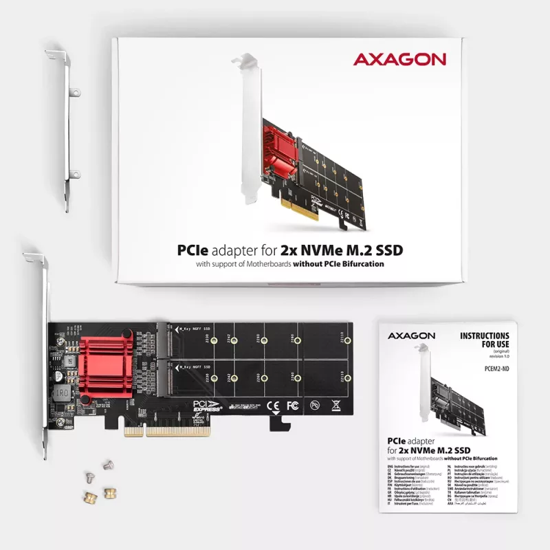 Axagon PCEM2-ND PCIe x8 - Dualer M.2 NVMe M-Key-Slot-Adapter, RAID, Dataswitch, mit SP & LP