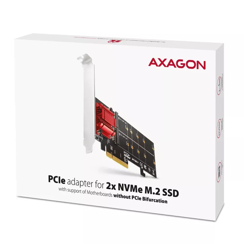 Axagon PCEM2-ND PCIe x8 - Dualer M.2 NVMe M-Key-Slot-Adapter, RAID, Dataswitch, mit SP & LP