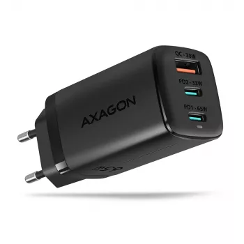 Axagon ACU-DPQ65 GaN-Wandladegerät 65W, 3 Anschlüsse (USB-A + Dual-USB-C), PD3.0/QC4+/PPS/Apple