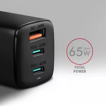 Axagon ACU-DPQ65 GaN-Wandladegerät 65W, 3 Anschlüsse (USB-A + Dual-USB-C), PD3.0/QC4+/PPS/Apple