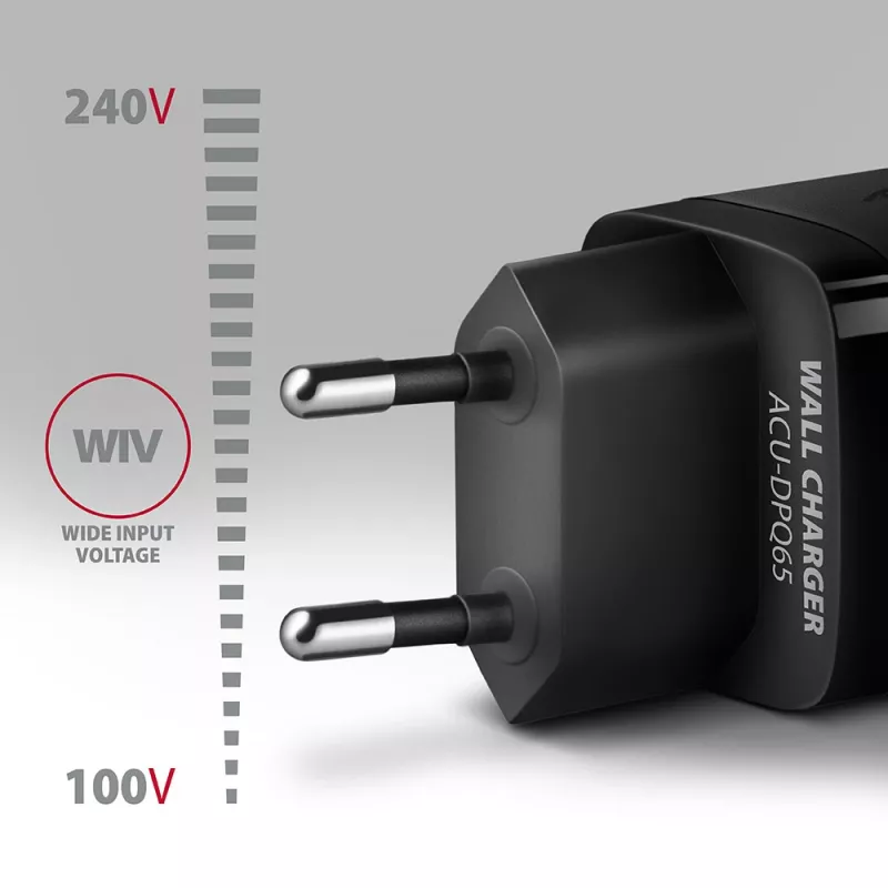Axagon ACU-DPQ65 GaN-Wandladegerät 65W, 3 Anschlüsse (USB-A + Dual-USB-C), PD3.0/QC4+/PPS/Apple