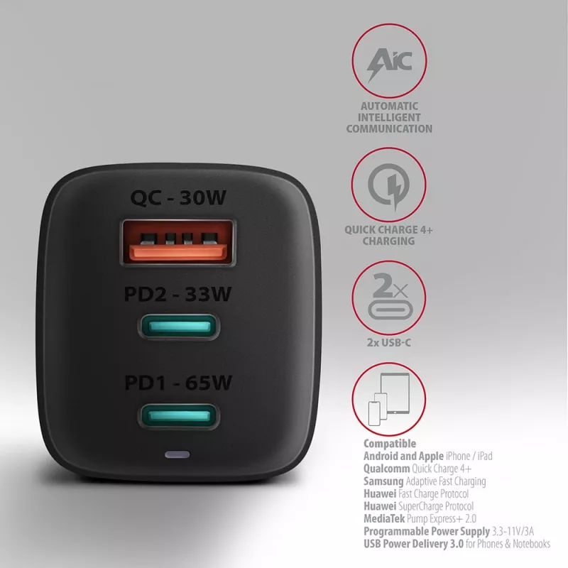 Axagon ACU-DPQ65 GaN-Wandladegerät 65W, 3 Anschlüsse (USB-A + Dual-USB-C), PD3.0/QC4+/PPS/Apple