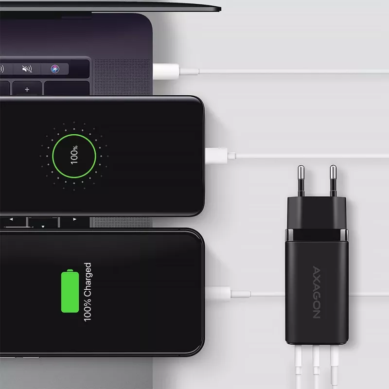 Axagon ACU-DPQ65 GaN-Wandladegerät 65W, 3 Anschlüsse (USB-A + Dual-USB-C), PD3.0/QC4+/PPS/Apple