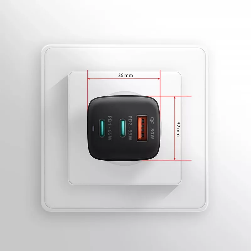 Axagon ACU-DPQ65 GaN-Wandladegerät 65W, 3 Anschlüsse (USB-A + Dual-USB-C), PD3.0/QC4+/PPS/Apple
