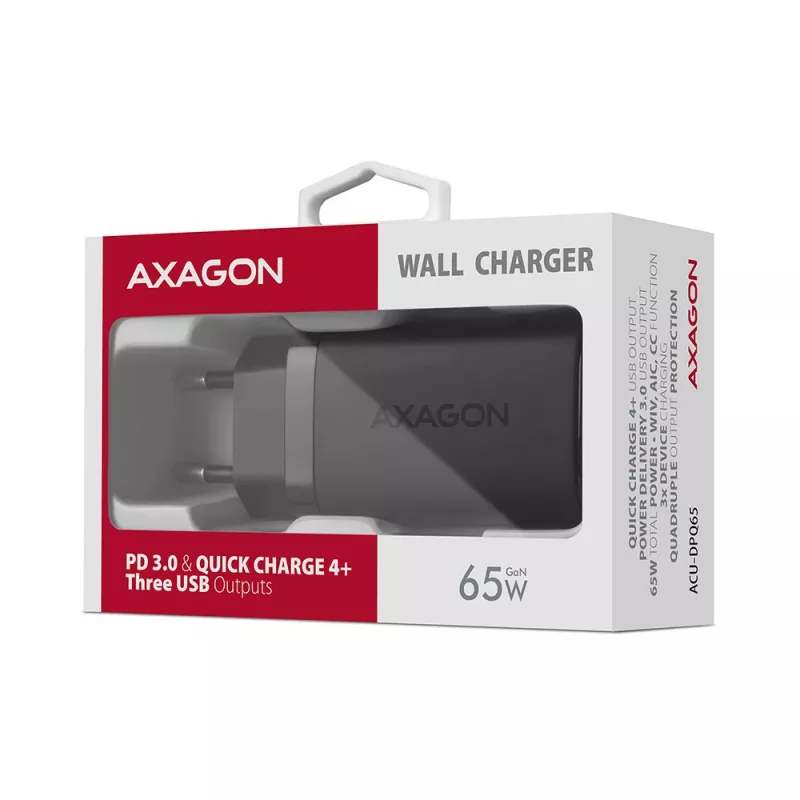 Axagon ACU-DPQ65 GaN-Wandladegerät 65W, 3 Anschlüsse (USB-A + Dual-USB-C), PD3.0/QC4+/PPS/Apple