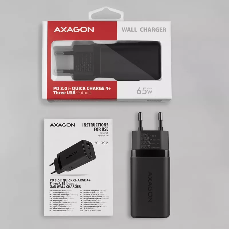 Axagon ACU-DPQ65 GaN-Wandladegerät 65W, 3 Anschlüsse (USB-A + Dual-USB-C), PD3.0/QC4+/PPS/Apple