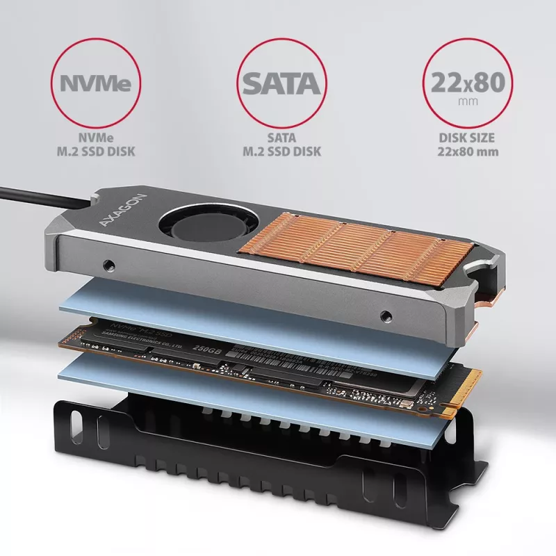 Axagon CLR-M2FAN Kupferkühlkörper mit Lüfter für einseitige und doppelseitige M.2-SSD-Laufwerke, Größe 2280, Höhe 13 mm.