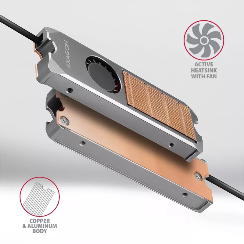Axagon CLR-M2FAN Kupferkühlkörper mit Lüfter für einseitige und doppelseitige M.2-SSD-Laufwerke, Größe 2280, Höhe 13 mm.