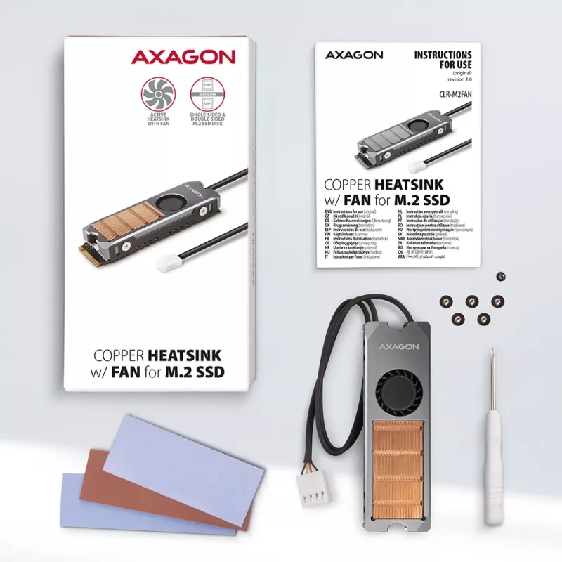Axagon CLR-M2FAN Kupferkühlkörper mit Lüfter für einseitige und doppelseitige M.2-SSD-Laufwerke, Größe 2280, Höhe 13 mm.