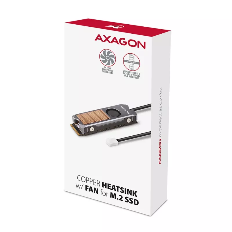 Axagon CLR-M2FAN Kupferkühlkörper mit Lüfter für einseitige und doppelseitige M.2-SSD-Laufwerke, Größe 2280, Höhe 13 mm.
